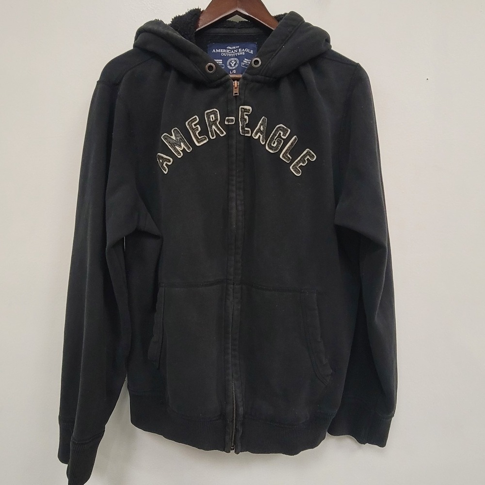 American Eagle Y2K Thick Full Zip Hoodie Size L Skater Grunge Black Hooded